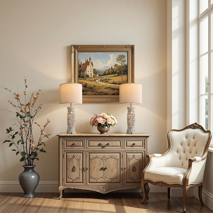 BOBOMOMO 27.25” Rustic Farmhouse Table Lamps Set of 2 – Vintage Bedside Lamps with Night Light & USB A+C Ports, Retro Lamps for Bedroom, Living Room, Entryway, Cozy Corner (Bulbs Included)