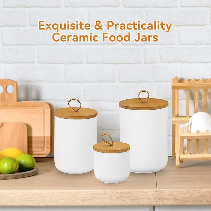 Canister Sets for Kitchen,Ceramic Kitchen Canisters for Countertop with Airtight Wood Lids for Serving Ground Coffee, Tea, Spice, Grains, Sugar, Salt (White Pack of 3 (8.7/27/44 Oz))
