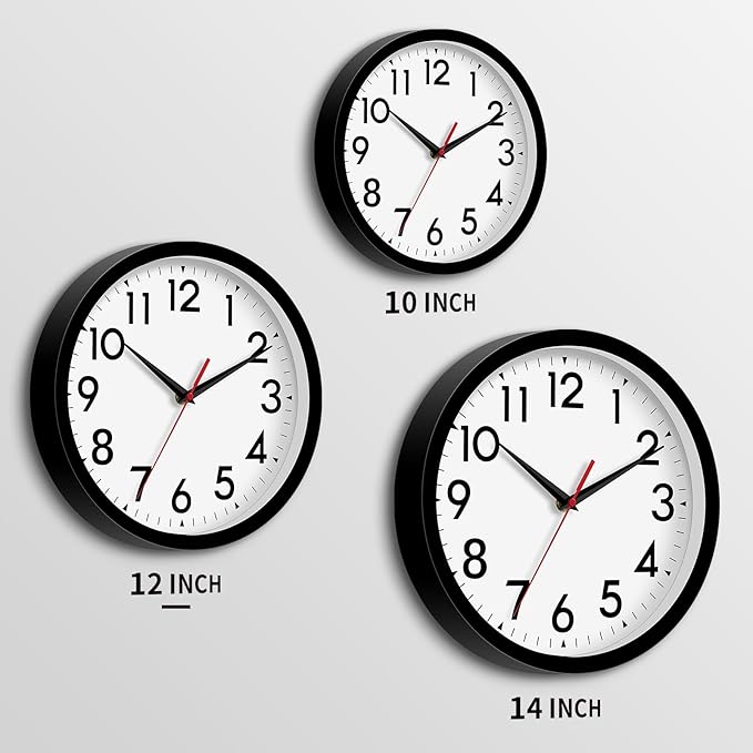 12 Inch Wall Clock Silent Non-Ticking Battery Operated Analog Clock Decorative for Office Kitchen Outdoor Living Room Classroom Bedroom Bathroom School(Black)