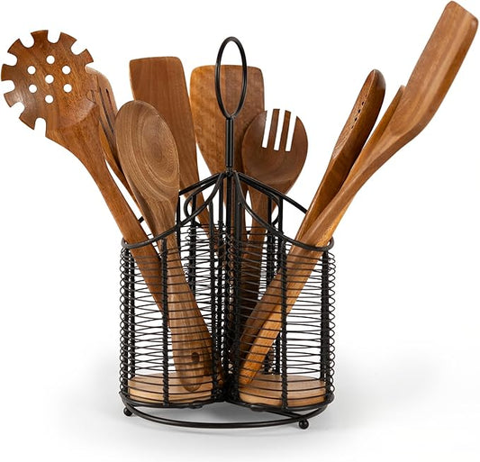 360° Rotating Kitchen Utensil Holder- 3 Compartment Organizer with Cork Bottoms | Includes Premium 9-Piece Acacia Wood Utensil Set | Professional & Home Luxury Design | Metal Utensil Crock (Black)