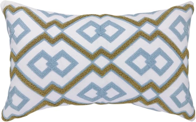 Alysheer Embroidered Lumbar Decorative Throw Pillow Cover 12"x 20", Classic Boho Geometric Embroidery Pattern Cotton Rectangular Cushion Case for Sofa Couch Living Room Bedroom (Blue Khaki)