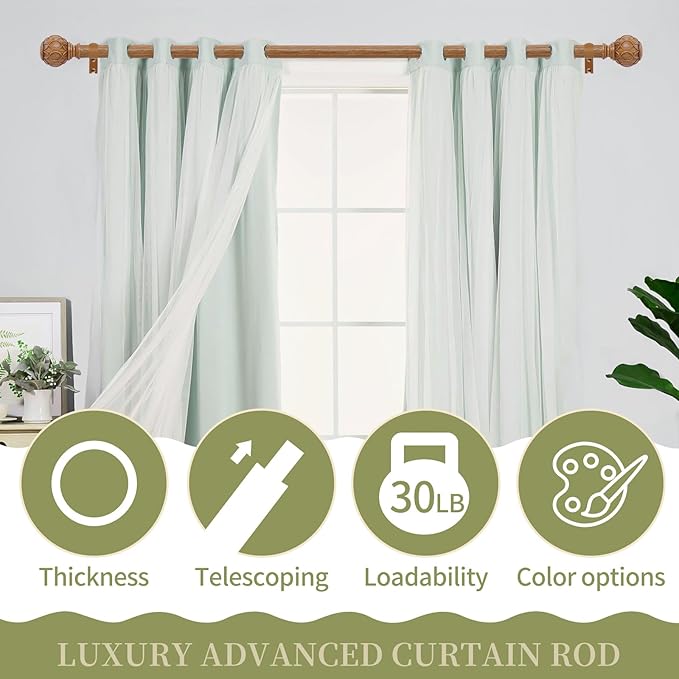 2 Pack Wood Curtain Rods for Windows 28 to 48 Inch(2.3-4Ft),1 Inch Adjustable Curtain Rod,Heavy Duty Curtain Rods,Wooden Netted Texture Drapery Rods,Single Window Curtain Rod 18-45",Brown Wood
