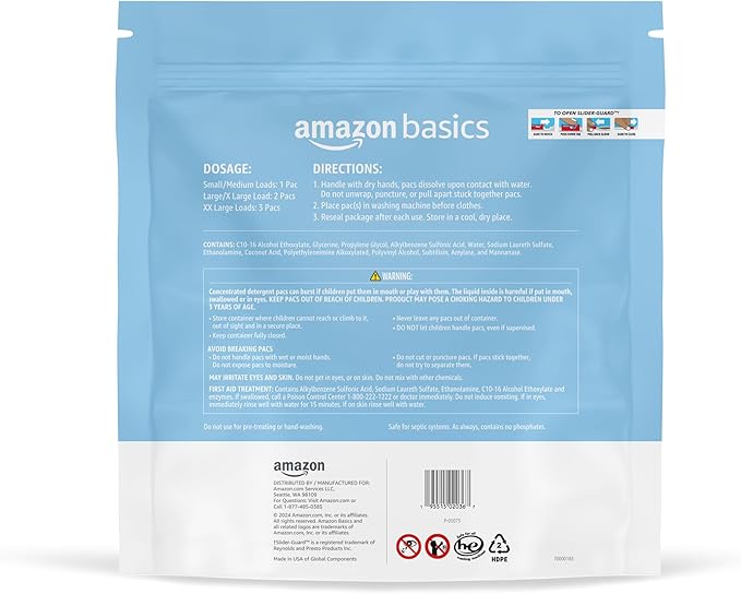 Amazon Basics Laundry Detergent Pacs, Hypoallergenic, Free & Clear, 120 Count (New Packaging)