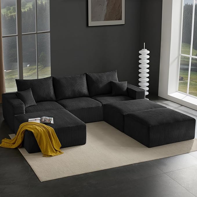 Boneless Sectional Cloud Couch Sofa Bed for Living Room, 112" Modular Modern Lounge 3 Seater Sleeper Black Couches with Chaise, No Assemble, Cordury Compression Upholstered Sofas