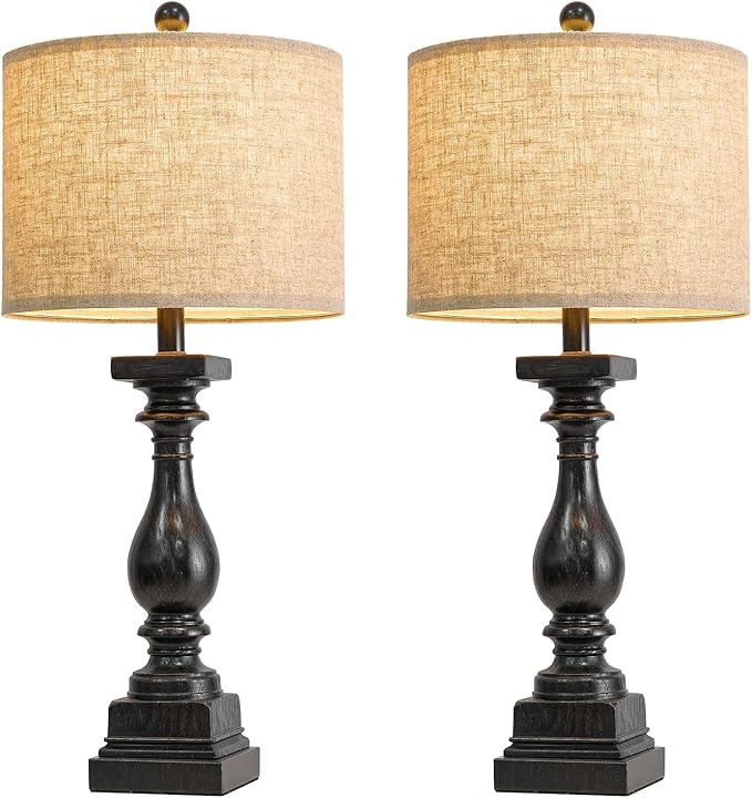 BOBOMOMO 27" Farmhouse Table Lamp Set of 2 with USB A+C for Bedroom Living Room Vintage Rustic Traditional Nightstand Bedside Lamps Retro Side Table Lamps (Black)