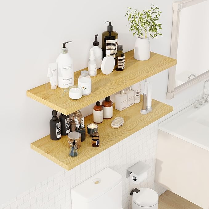 40" Floating Shelves for Wall, 12" Deep Slim Oak Floating Shelves, Wall-Mounted Shelves for Bedroom, Living Room, Kitchen, Bathroom - Set of 2
