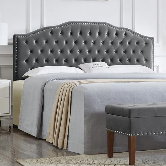 24KF Upholstered Button Tufted King Size Headboard with Nailhead Trim, Soft Velvet Fabric Headboard King/Cal King Size -Dark Gray