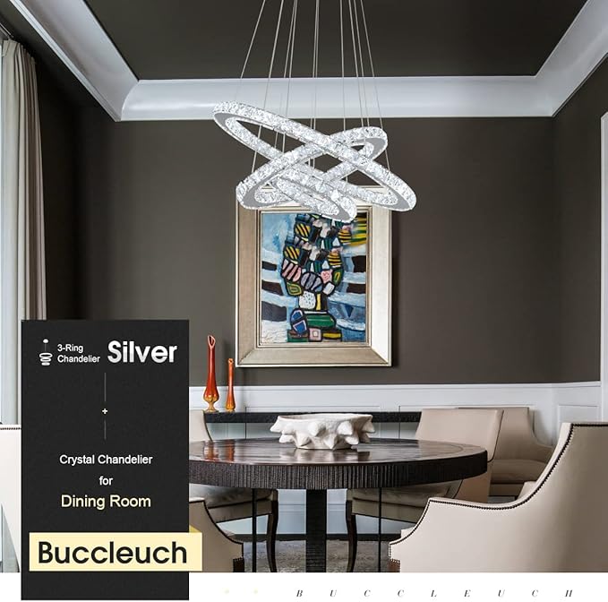 Buccleuch Modern Crystal Chandelier, Dimmable LED Pendant Light Fixture 3-Ring Adjustable Stainless Steel Ceiling Light, Silver Crystal Chandeliers for Dining Room, Bedroom, Living Room - ETL Listed