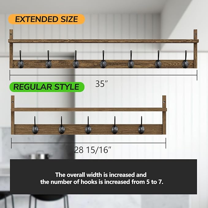 BAMEOS Coat Rack Wall Mount, Large Wooden Coat Hooks with Shelf, 35" L, 7 Dual Metal Hooks for Entryway, Bathroom, Kitchen, Living Room, Bedroom