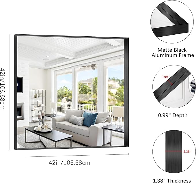 Black Bathroom Mirror, 42x42 Inch Rectangular Framed Mirror, Large Wall Mounted Bathroom Vanity Mirror Over Sink for Bedroom,Restroom, Living Room, Hangs Vertically or Horizontally