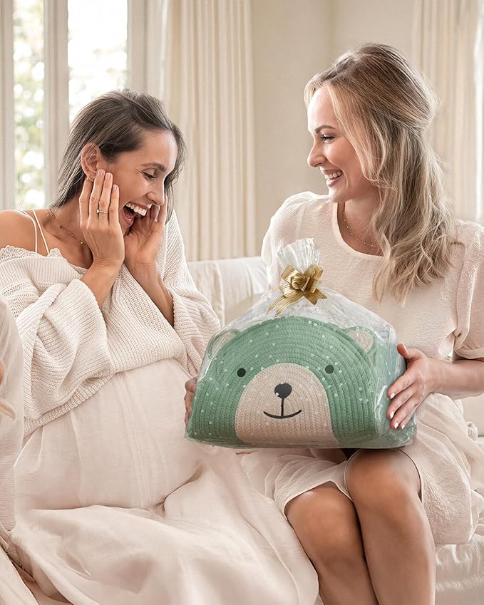 Blissful Diary Baby Diaper Caddy Organizer, Cotton Rope Diaper Caddy Basket, Large Storage Basket, Gift for Baby Shower, Newborn Essentials, Bear Roman Green