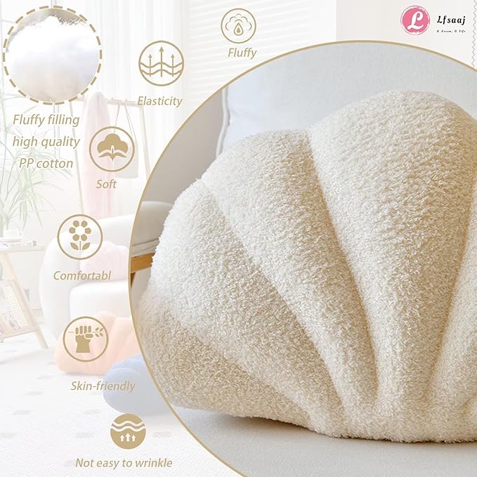 Beige Seashell Throw Pillows, Shell Shaped Throw Pillows, 13 Inch Soft Home Decorative Pillow Plush Cushion for Bed Couch Living Sofa Room Decor Accent Throw Pillow