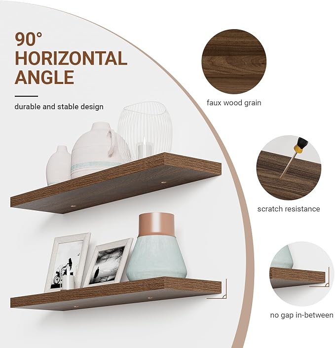 Heimlove 32 Inch Floating Shelves for Wall,Walnut 9.3" Deep Floating Shelf Set of 2,Wall Mounted Shelves for Bathroom Bedroom Living Room Kitchen Office,Shelf for Books Storage Room,Home Decor