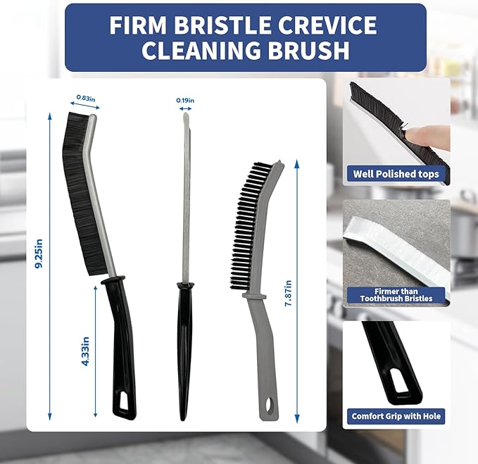 3 Pcs Cleaning Brushes for Household - Crevice Brush for Scrub Small Spaces, Toilet Cleaning Tool with Comfortable Grip, Long&Firm Bristle for Shower Tile Grout, Sinks Gap, Window Tracks, Hinges