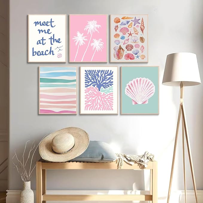 6 Pcs Coastal Beachy Wall Art Tropical Summer Shell Ocean Paintings Prints Posters Trendy Pink Preppy Palm Tree Canvas Wall Decor Aesthetic for Bedroom Living Room Dorm Apartment 8x10inch Unframed