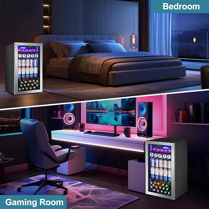 128 Cans Beverage Refrigerator Cooler, 3.2 Cu.Ft Mini Drink Fridge Glass Door for Drink Beer Soda Wine, Beer Fridge with 4 Removable Shelves for Kitchen Bedroom, Office Bar Gaming Room,Stainless Steel