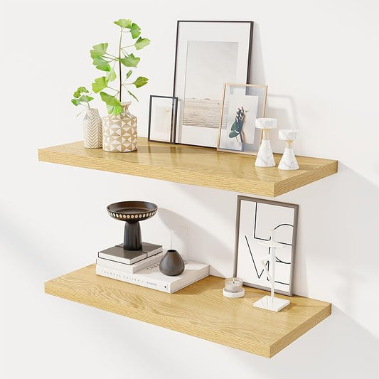 30" Floating Shelves for Wall, 12" Deep Slim Oak Floating Shelves, Wall-Mounted Shelves for Bedroom, Living Room, Kitchen, Bathroom - Set of 2