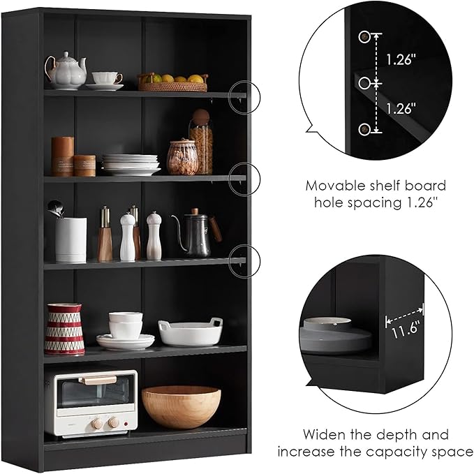 Bookshelf, Open Modern Bookshelf, 5 Shelf Bookcase with Freestanding Display Storage, Wooden Book Shelf for Bedroom, Living Room, Dinning Room, Office, 60 Inch, Black