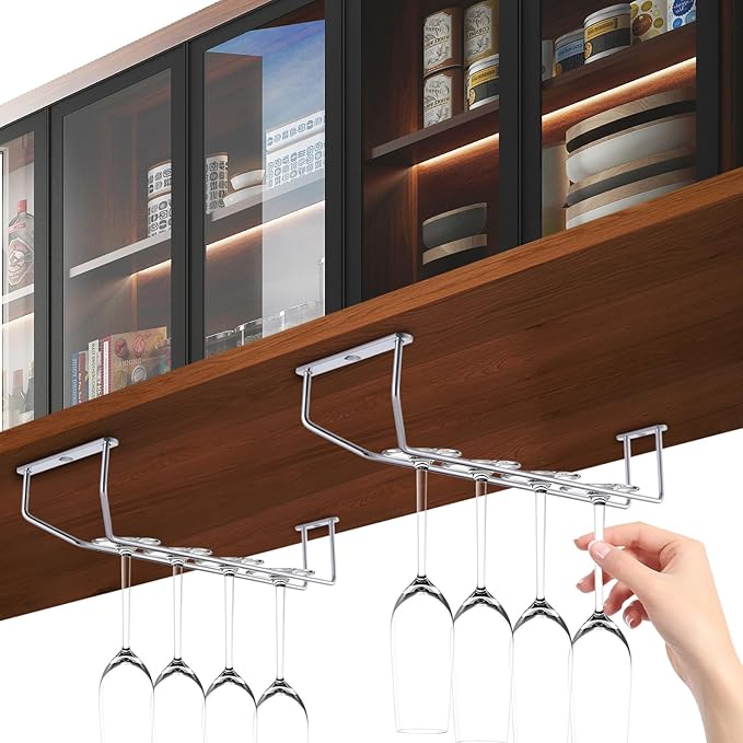 5 Pack Wine Glass Rack Stainless Steel Wine Glass Holder, 14inch Hanging Stemware Rack for Bar Kitchen Cabinet