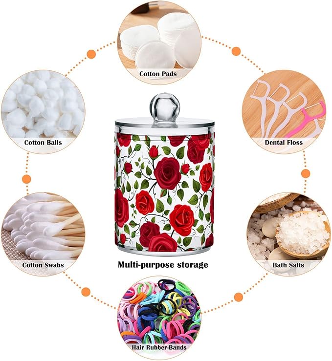 2 Pack Qtip Holder Dispenser Red Rose Flowers Bathroom Storage Canister Lid Acrylic Plastic Apothecary Jar Set Vanity Makeup Organizer for Cotton Swab/Ball/Round Pads, Floss