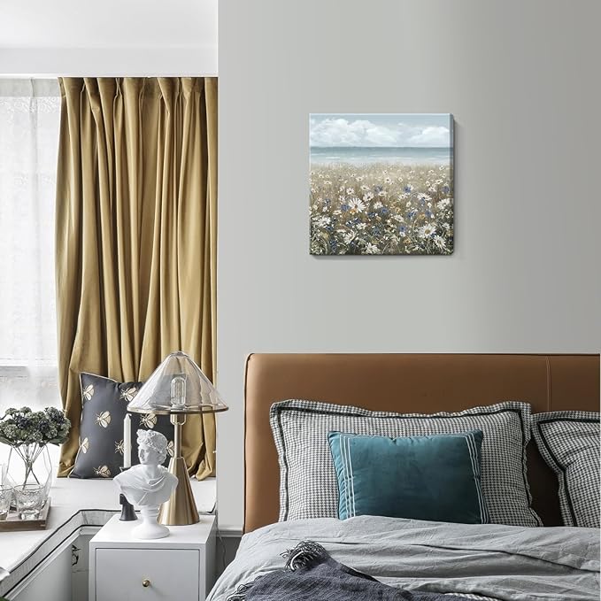 Canvas Wall Art Beach Floral Wall Picture Coastal Boho Farmhouse Daisy Flowers Nautical Sea Ocean Wildflowers Canvas Print Vintage Artwork for Small Rustic Bathroom Bedroom Living Room Office Décor