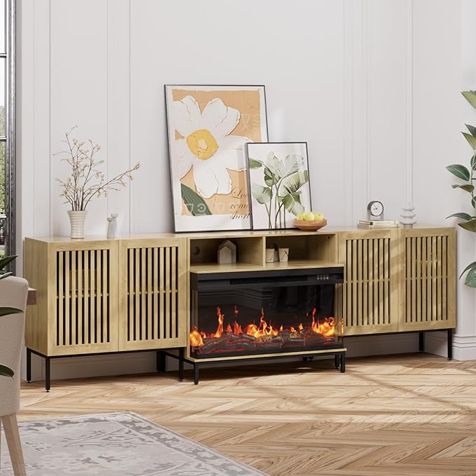 3-Sided Glass Farmhouse Fireplace TV Stand for TVs Up to 100 Inch, Entertainment Center with 36" Electric Fireplace, Oak TV Console with Storage Cabinets for Living Room