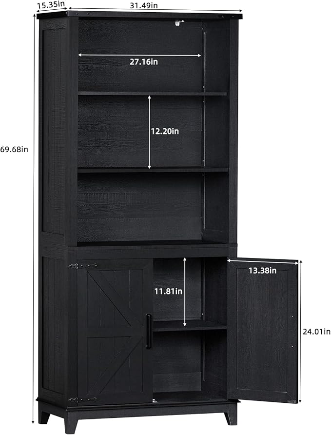 70in Tall Bookshelf 5 Tier Bookcase with Barn Doors and Adjustable Shelves, Black Farmhouse Book Shelf with Storage Cabinet, Wood Freestanding Display Bookshelves for Bedroom, Kitchen (3PCS)