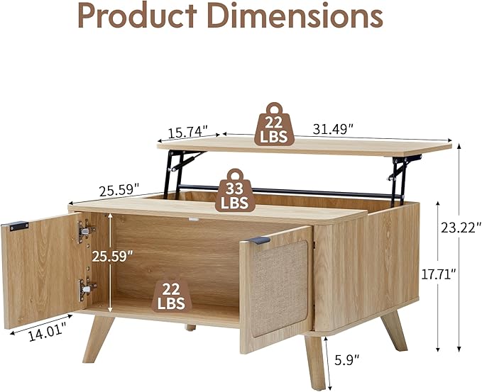 AVZEAR Wood Lift Top Coffee Table with Storage, Boho Modern Coffee Table with Nature Linen Doors & Large Hidden Storage, Rounded Corners Center Table Farmhouse Coffee Tables for Living Room, Natural