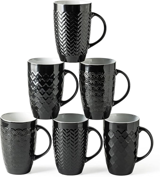 AmorArc Large Coffee Mugs Set of 6, 20oz Ceramic Tall Coffee Mugs Set with Textured Geometric Patterns for Latte/Tea/Beer/Hot Cocoa, Dishwasher & Microwave Safe, Black