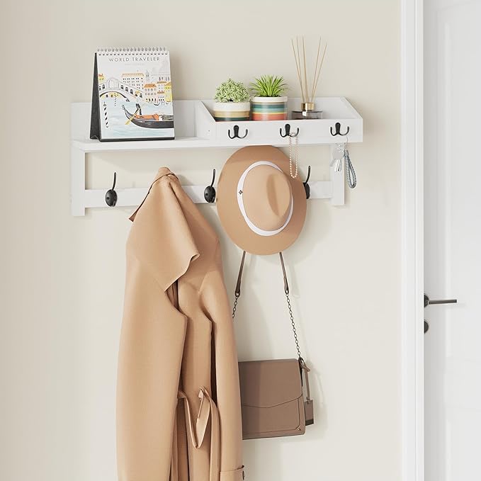 AMBIRD 26.57-Inch Wall Hanging Shelf With Coat Hooks - Entryway Wood Rack With 5 Dual Hooks, 3 Key Hooks, Mail Organizer and Key Holder (White)