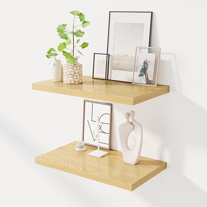 24" Floating Shelves for Wall, 12" Deep Slim Oak Floating Shelves, Wall-Mounted Shelves for Bedroom, Living Room, Kitchen, Bathroom - Set of 2