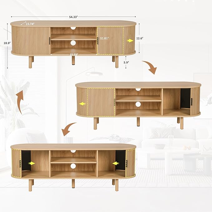 54" Tambour Door TV Stand,Wood Mid Century Modern TV Cabinet for Up to 65“ TV,Curved Edge Long TV Stand with Storage for Bedroom Living Room(Natural, 54inch)