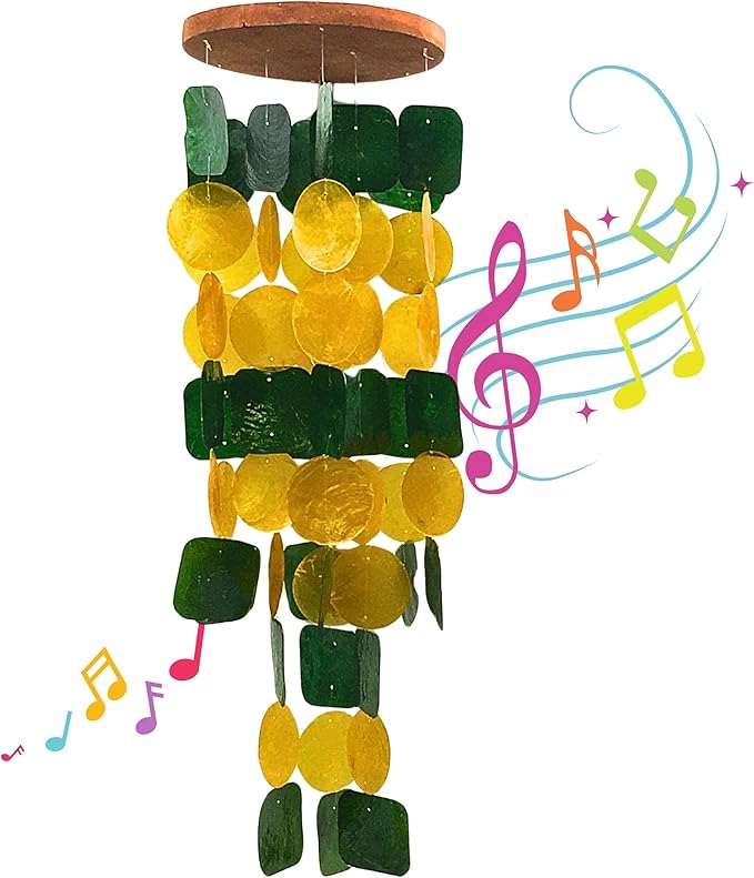 Bellaa 24896 Wind Chimes Outdoor, Garden Decorations, Musical, Indoor/Outside Windchimes, Beach, Ocean Breeze, Gifts for Mom, Gift for All Occasions, Capiz Sea Glass Shells Wood Yellow Green