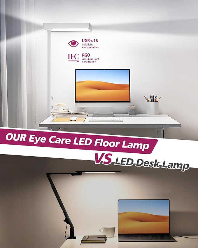 EMITEVER LED Floor Lamp, 60W Full-Spectrum Eye-Care Standing Light, 72.8” Dimmable Reading Lamp for Study Rooms, Living Rooms, Dental Offices and Conference Lighting, 4000K Natural Daylight, White