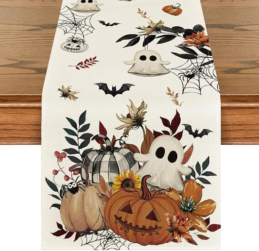 Artoid Mode Pumpkin Ghost Leaves Spider Web 210 GSM Halloween Table Runner, Spooky Kitchen Dining Table Decoration for Home Party Decor 13x48 Inch