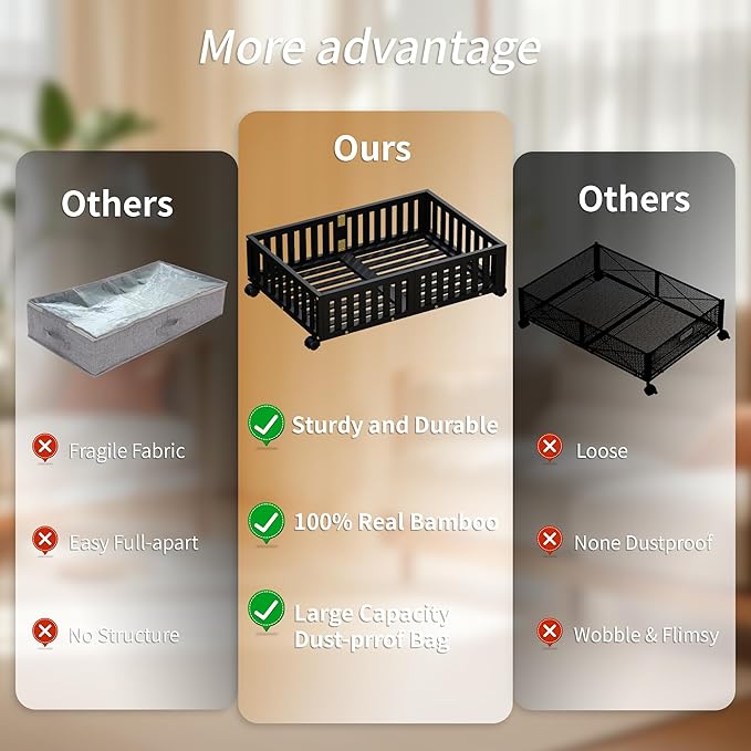 Bamboo Under Bed Storage with Wheels (2-Pack) – Rolling Underbed Shoe Organizer Box for Shoes, Blankets, Toys, Clothes Container Space-Saving Organizer Bins for Bedroom, Closet, Dorm, Nursery