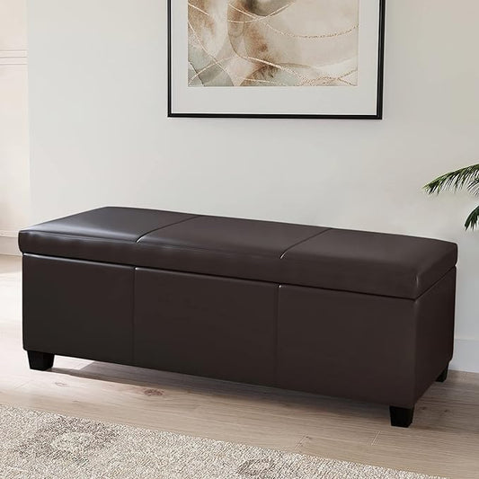 BELLEZE 47 Inch Storage Ottoman, Faux Leather Storage Bench Bedroom Bench with Safety Close Hinge, Ottoman with Storage for Living Room, Entryway, Hallway, Foot Rest, Support 300lbs - Brown
