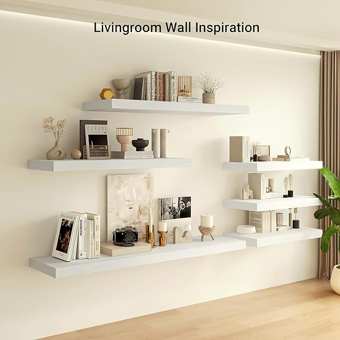 Heimlove 12 Inch Deep Floating Shelves, 48 x 12 inches Long, Large Display & Storage Shelf, Rustic Wood Wall Shelves for Fireplace Mantel, Set of 1(White)