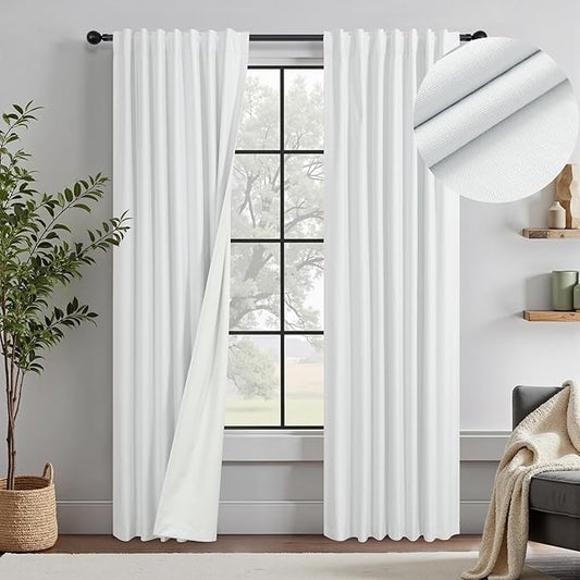 Blackout Curtains 78 Inch Long 2 Panels White Linen Farmhouse Room Darkening Curtains for Sliding Glass Door Cooling Summer Weather Curtains Thermal Insulated Black Out Window Drapes Bedroom 78 Length