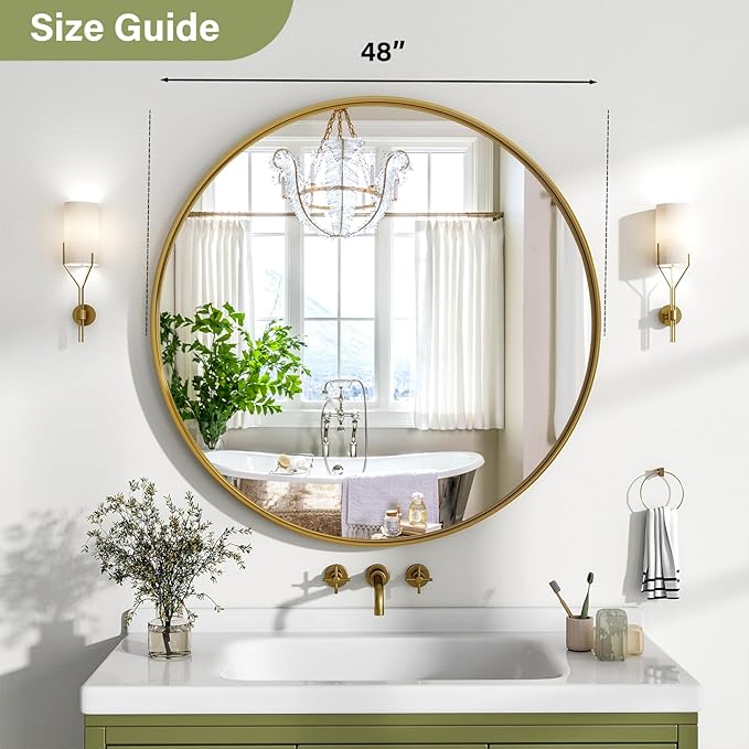 48 Inch Round Bathroom Mirror - Wall Mounted Circle Mirror with Metal Frame, Modern Mirror Suitable for Bathroom, Vanity, Entryway, Living Room, Wall Decor,Gold