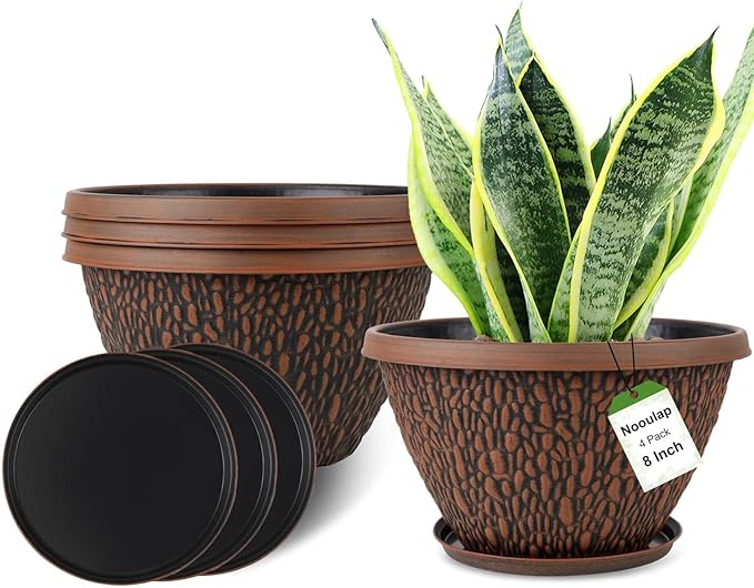 4 Pack Plant Pots Outdoor Indoor, 8 Inch Small Flower Pots with Drainage Hole & Tray, Thickened Plastic Outdoor Planters for Garden House Decor - Pebbles Pattern Design