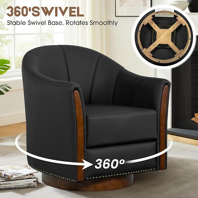 360° Swivel Accent Chair, Modern Leather Barrel Club Chair with PU Leather Upholstery and Sturdy Wood Base, Comfortable Armchair for Living Room, Bedroom, Reading Nook, Black