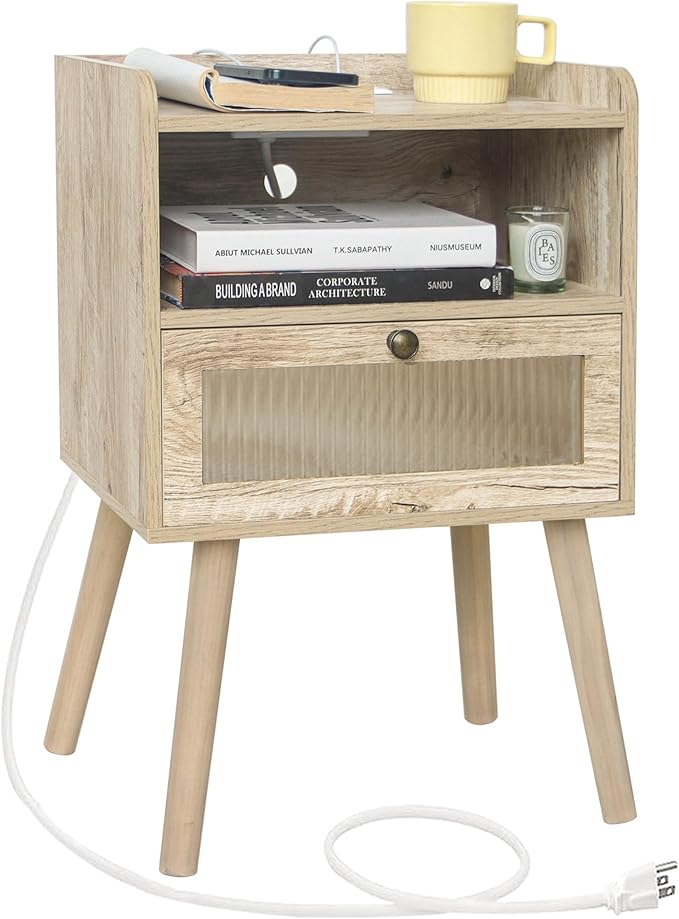 AWASEN Nightstand with Charging Station, Modern Bedside Table with Glass Decorative Drawer, Charging Night Stand Side Tables for Bedroom and Small Space, Rustic White Oak