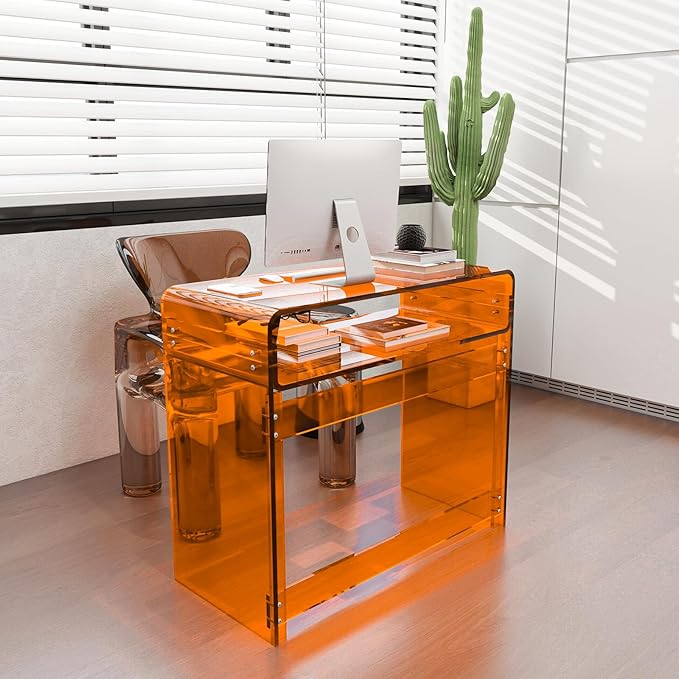 Acrylic Desk, Orange Table, Acrylic Console Table for Office, Study, Bedroom, Entrance Decor (15.5" D x 33.5" W x 29.3" H, Orange)