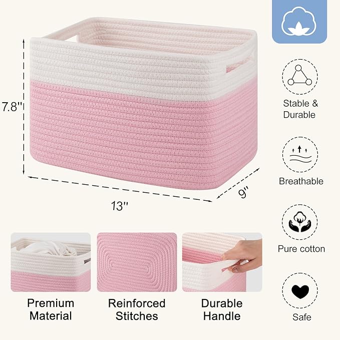 4 Pack Storage Baskets for Organizing, Woven Baskets for Shelves - Perfect for Toys, Books, Towels, and Clothes, Durable Gift Basket Bins Toy Storage, 12.7''Lx9''Wx7.8''H, Pink & White