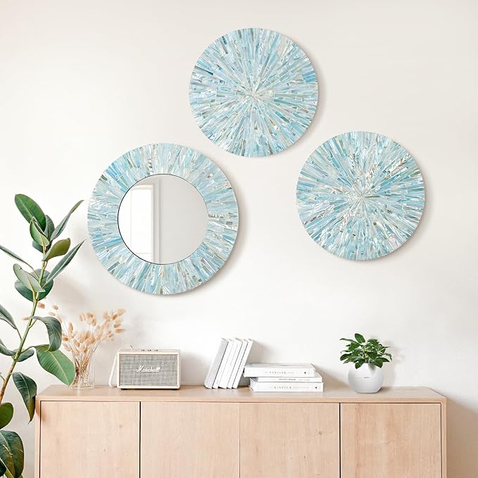 Beach Mirror Wall Decor for Living Room, 3PCS Natural Mother of Pearl Coastal Wall Art Bedroom Bathroom Decoration, Handmade Ocean Round Wall Hanging Sculptures for Home Office Holiday Hotel