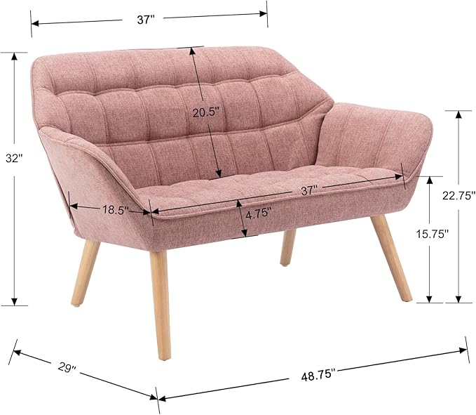 48”Small Loveseat Sofa, Modern Linen Upholstered Mini Couch 2-Seater Fluffy Love Seat with Quilting Backs and Wood Legs for Small Space Living Room, Bedroom, Pink