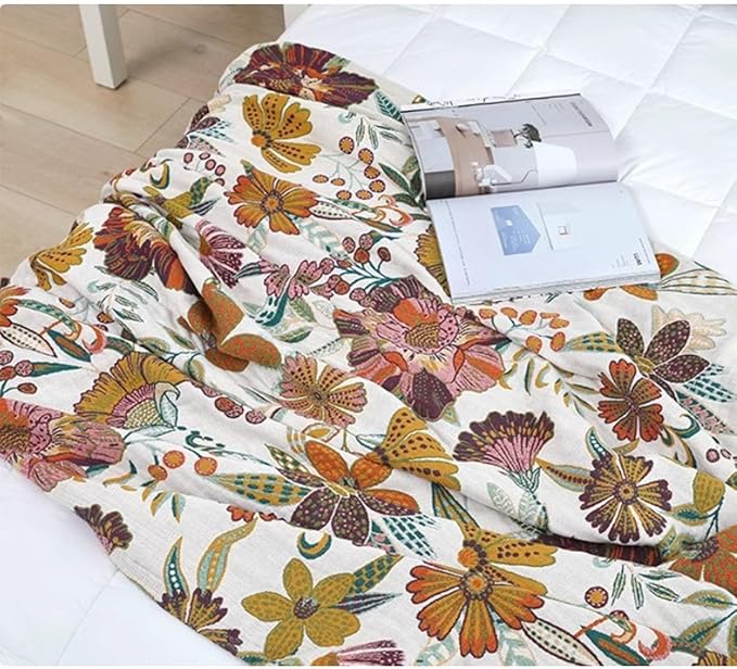 Boho Muslin Blanket for Adults 4-Layer Gauze 80 x 90 Inches Soft Cozy 100% Cotton Summer Cooling Blanket Colorful Floral Decor for Sofa Bed Coverlet Both Sides (A Summer Floral, 80 x 90 in)