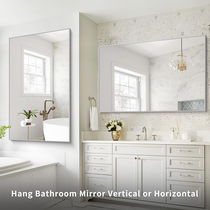 36x55 inch Bathroom Mirror, Silver Rectangle Mirror with Thin Metal Frame, Large Rectangular Wall Mirrors for Bathroom, Living Room, Big Mirror Hang Horizontal/Vertical