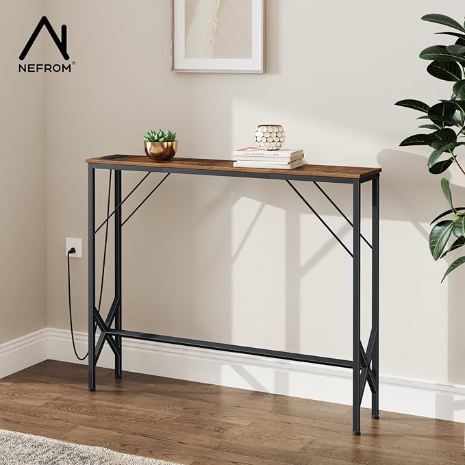 39.4" Console Table, Skinny Entryway Table with Fast-Charging Station, Narrow Long Sofa Table, Behind Slim Couch Table for Entrance, Hallway, Living Room Decor ST-BR100-1